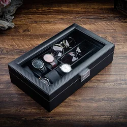 Carbon Fiber Pattern Leather Watch Box Case Organizer Glasses Storage Box Display Black Luxury Men's Watches Sunglasses Gift