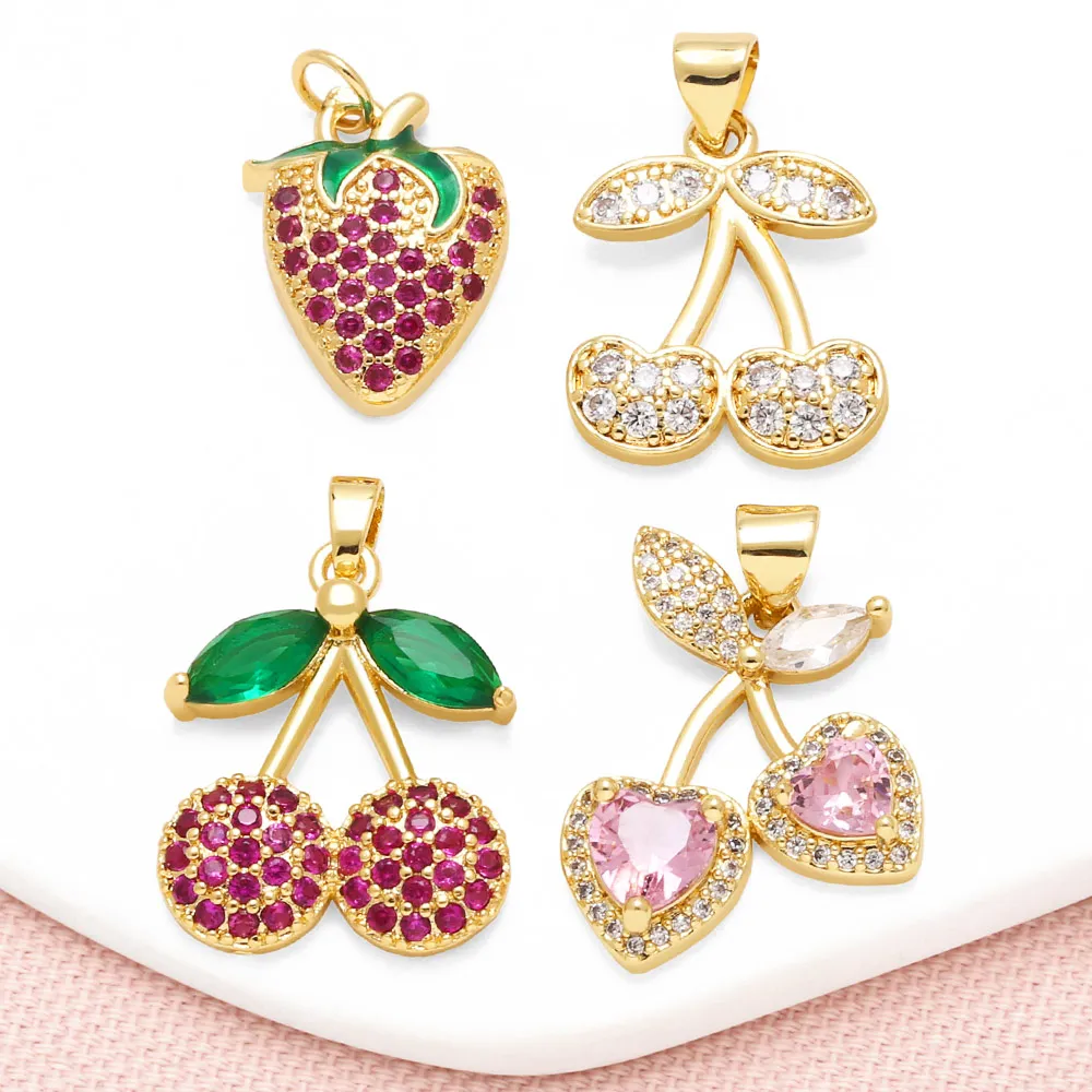 OCESRIO-Colgante de cereza y fresa de cristal fucsia para collar, cobre, rosa, CZ, cereza, fruta, suministros para hacer joyas, pdta219