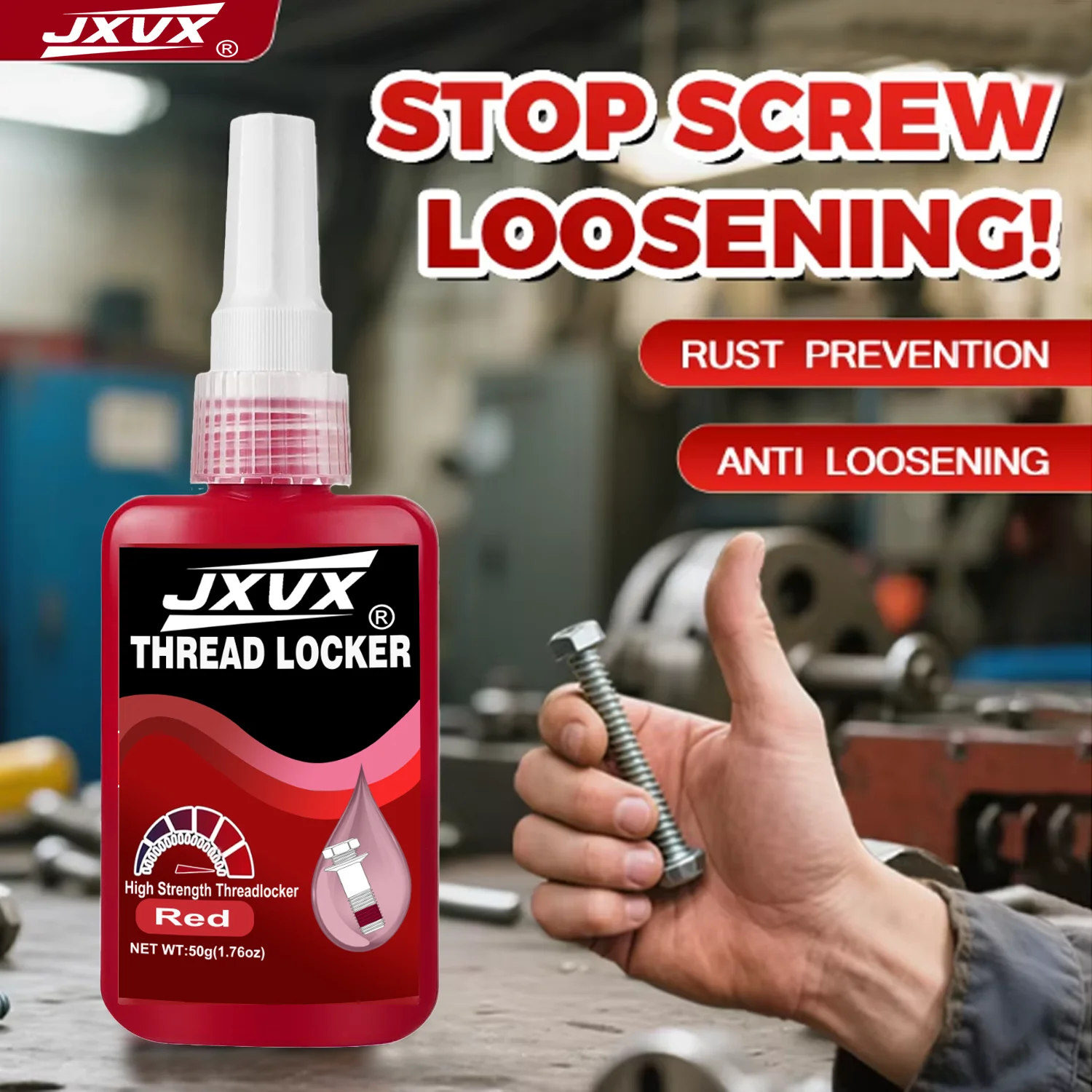 JXVX Medium Strength Red Threadlocker, General Purpose Thread Adhesive, for All Metal Threaded Components, Fastening and Sealing