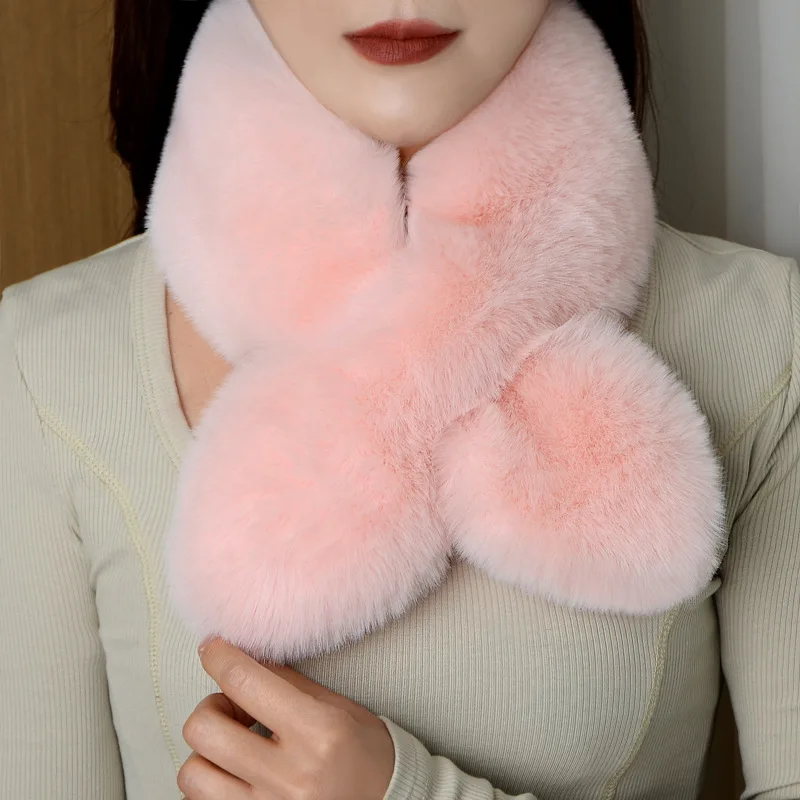 Korean Solid Double Sided Imitation Rabbit Fur Plush Scarf Winter Warm Outdoor Neck Protection Thicken Windproof Women\'s Bib