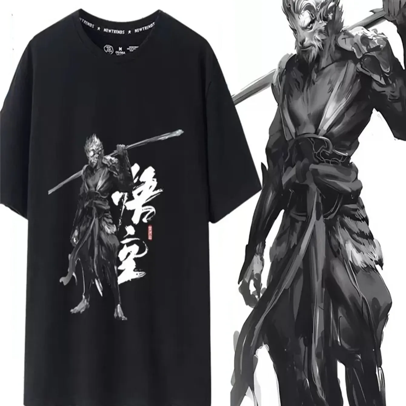 Unisex Black Myth Wukong Themed T-Shirt Inspired by Chinese Game Dynamic Monkey King with Staff Design 100% Cotton Oversized