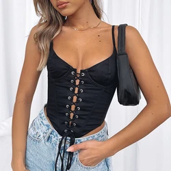 Y2K Women Bandage Bustier Corset Vintage Women's Summer Slim Camisole Solid Spaghetti Strap V-Neck Cross Tie-Up  Streetwear Vest