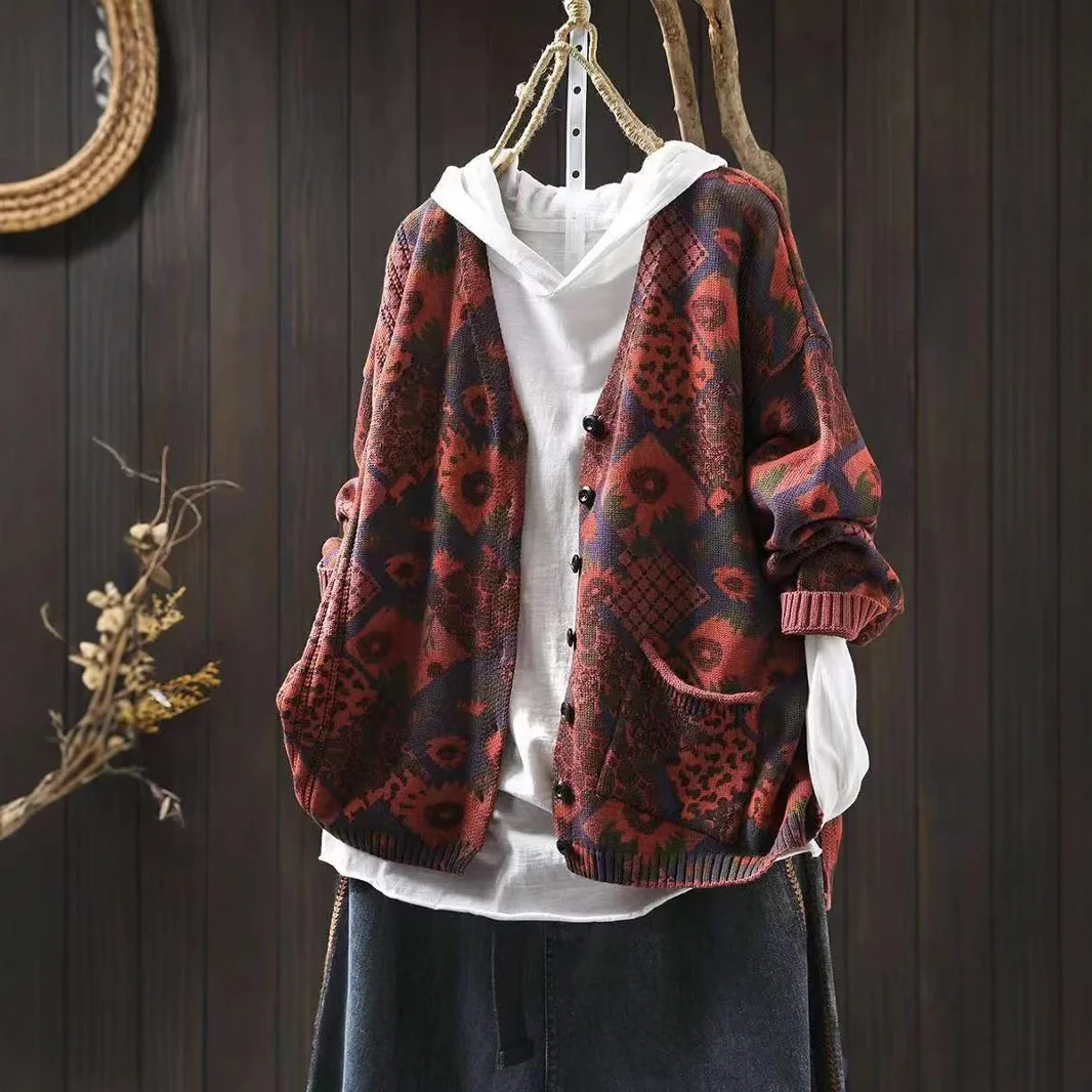 

Женский осенне-зимний винтажный хлопковый вязаный кардиган с принтом, свитер с v-образным вырезом, свободный крой, повседневная официальная верхняя одежда с длинными рукавами