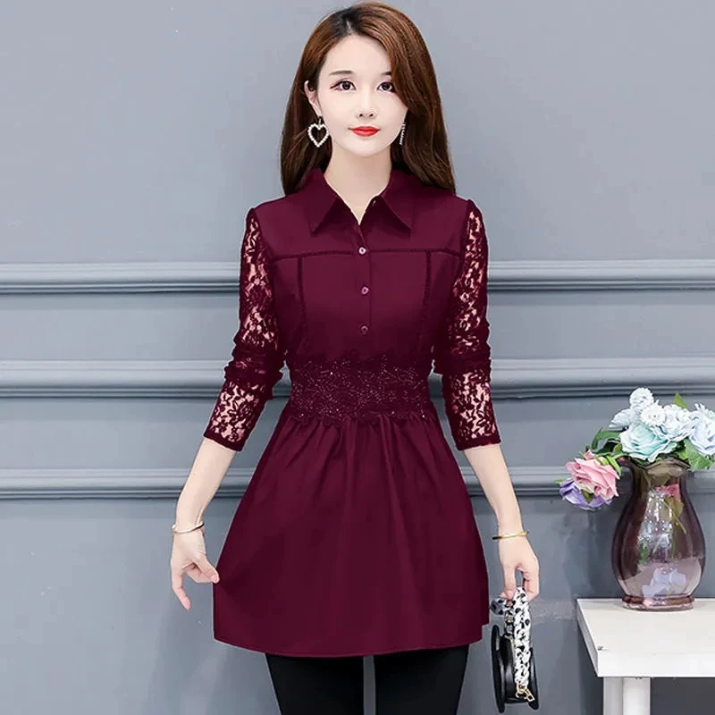 Chemise à manches longues en dentelle, nouvelle mode, petite chemise femme, longue, Slim, grande taille, décontracté, automne 2023