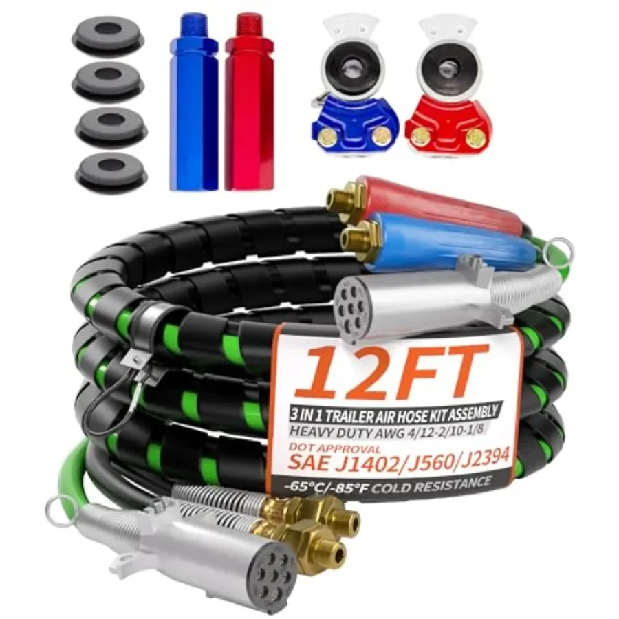 

Комплект пневматических шлангов для прицепов 3-в-1 длиной 12 футов с рукоятками Gladhands, уплотнителями, 7-контактным электрическим кабелем из АБС-пластика и защитной оплеткой для шлангов, для полуприцепов