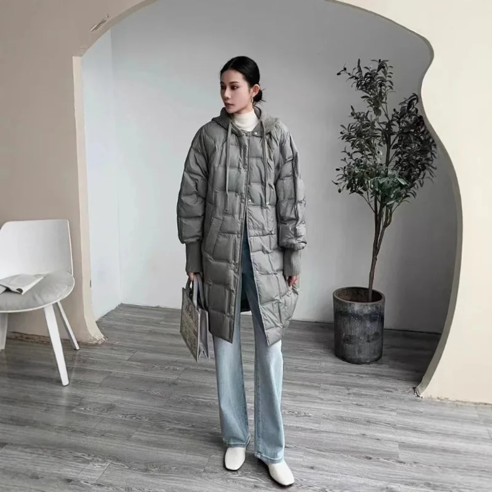 Women's 2025 Autumn Winter Mid-Length Down Jacket New Fashion Warm Knitted Hat White Duck Down Coat Winter Female Cold Jacket