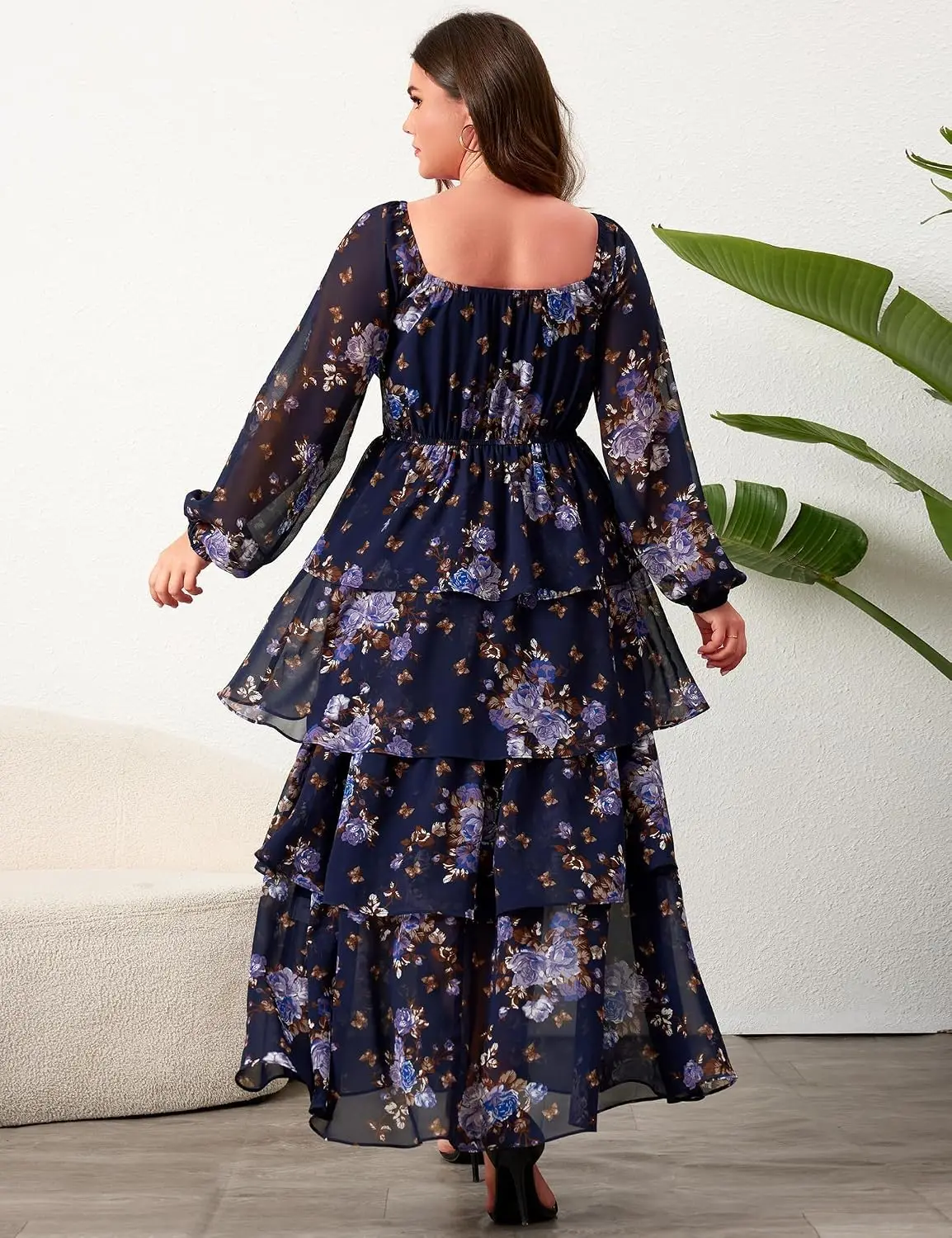 Long Sleeve Floral Tiered Semi Formal Wedding Guest Dress