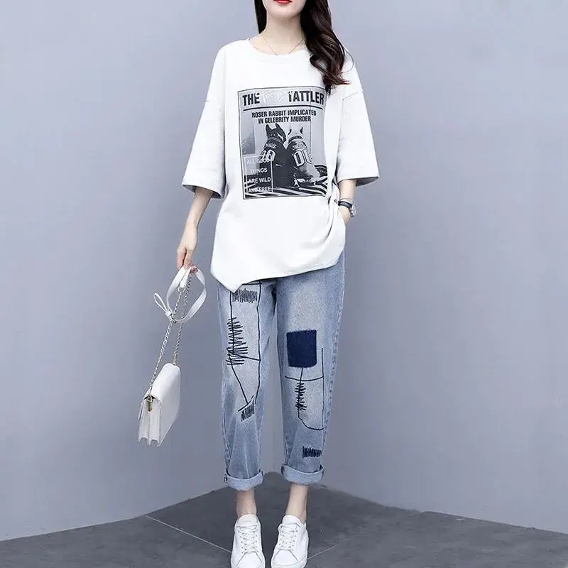 Summer New Korean Edition Large Women\'s Set 3/4 Sleeve Loose T-shirt+Casual Wide Leg Jeans Pants Western Two Piece Set for Women