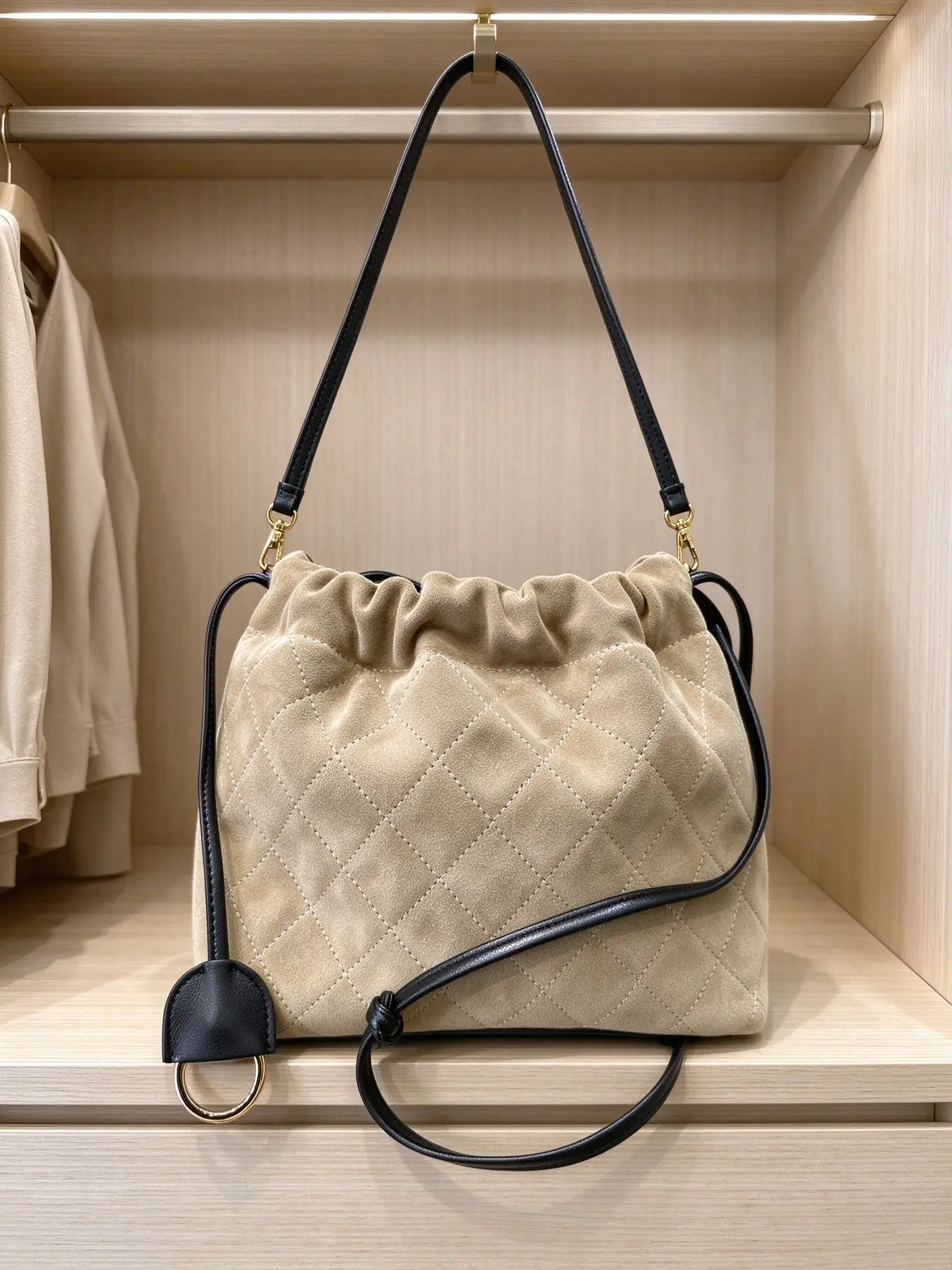 Women Drawstring Bucket Bag Suede Quilted Diamond Pattern Contrast PU Strap Large Capacity Ladies Shoulder Crossbody Handbag