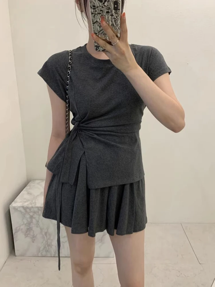 

High Waist A-Line Skirt with Belt ort Sve Women's Summer New Sle Retro Simple Binding Waist Design Faion Set