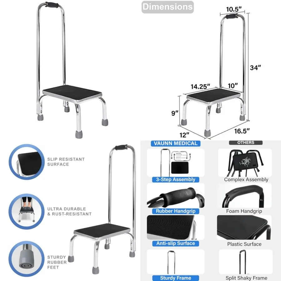 

Medical Feet Step Stool with Handle and Anti Skid Rubber Platform, Lightweight and Sturdy Stool for,Adults and Seniors, Chrome