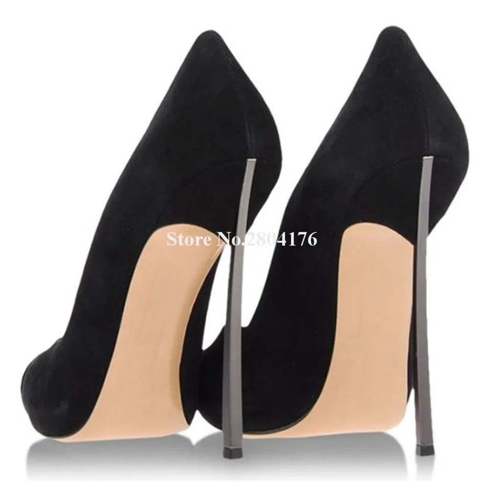 المرأة أنيقة الأسود براءات الاختراع والجلود تو المرقعة الجلد المدبوغ خنجر كعب مضخات الانزلاق على المعادن رقيقة كعب فستان أحذية كبيرة الحجم