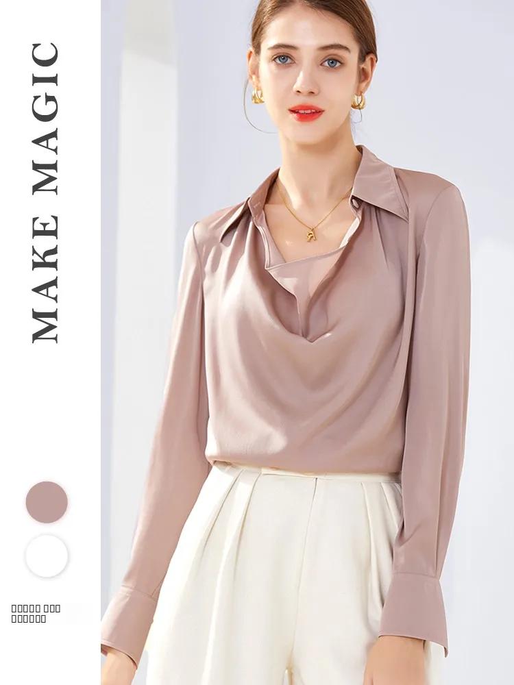 

Ретро-шёлковый длинный рукав, оригинальный дизайн, истинная роскошь, женский топ, винтажный стиль, однотонный, для повседневной носки, свободный крой