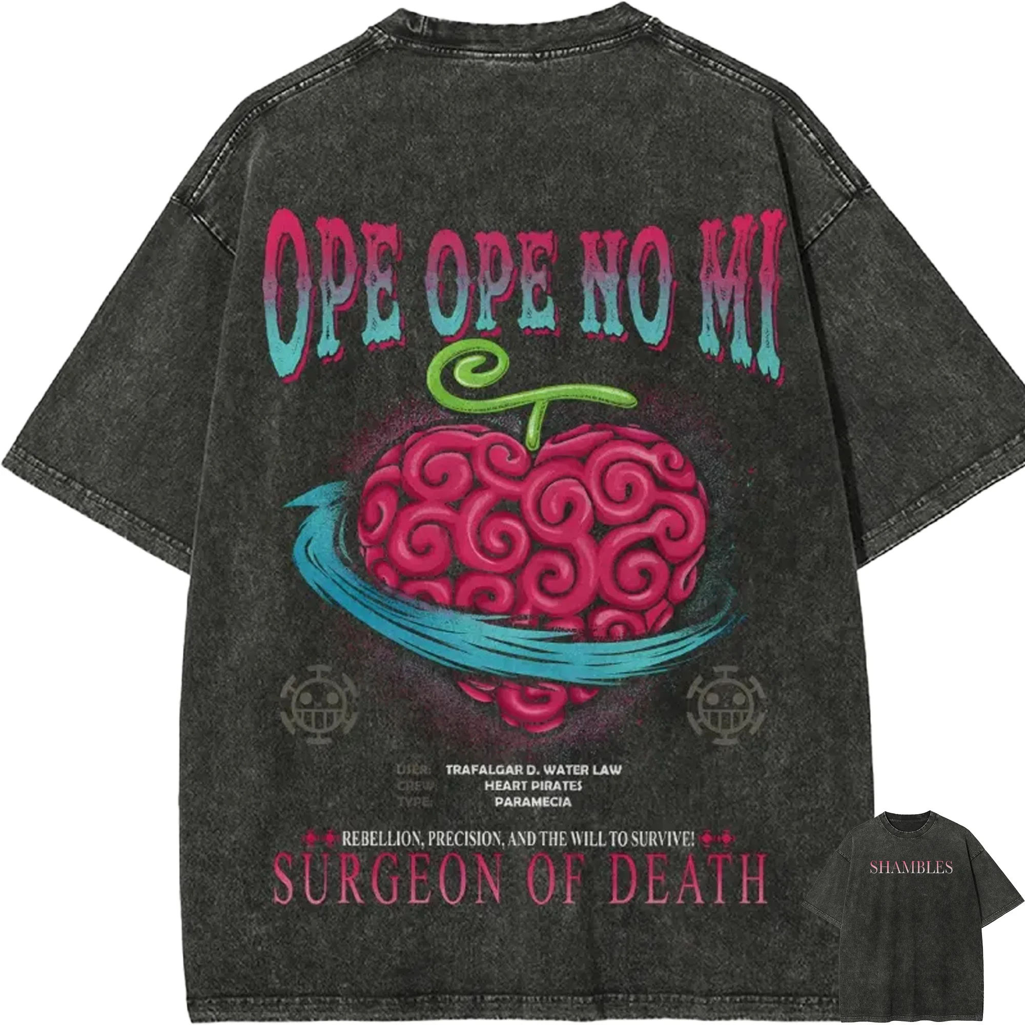 Ope Ope no Mi T-Shirt One Piece Law Fruit Vintage Acid Wash Streetwear Oversized Retro Japanische Anime Grafik Baumwoll-T-Shirts