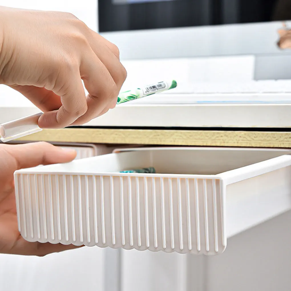 White Under Table Storage Box Adhesive And Durable Desk Drawer Can Be Stored Under Table Without