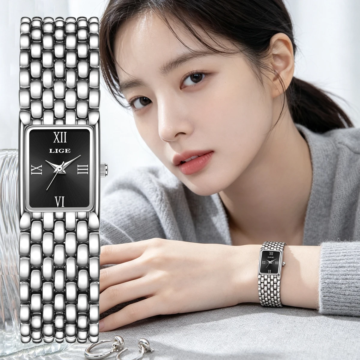 LIGE Fashionable Ladies Watch High Quality Stainless Steel Waterproof Luminous Pointer Eleganc Women Quartz Watch relógio femini