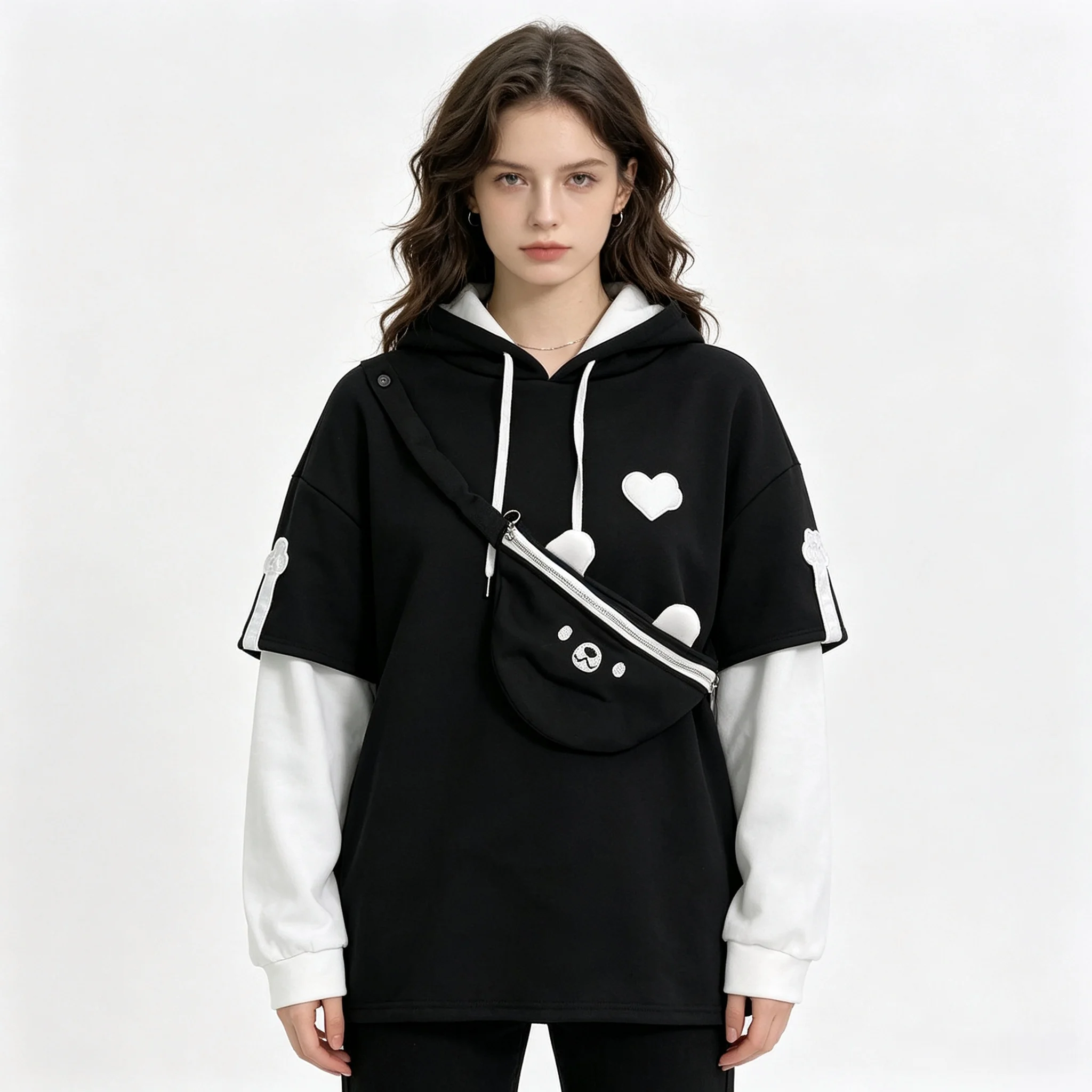 Women's cartoon hoodie, fake two-piece long sleeved sweatshirt with crossbody bag design, cute Harajuku streetwear pullover