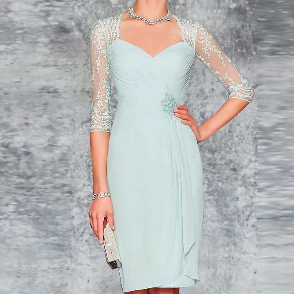 

2-Piece Mother of the Bride Dress Wedding Guest Sweetheart Knee Length Chiffon Lace 3/4 Length Sleeve With Jacket Customized