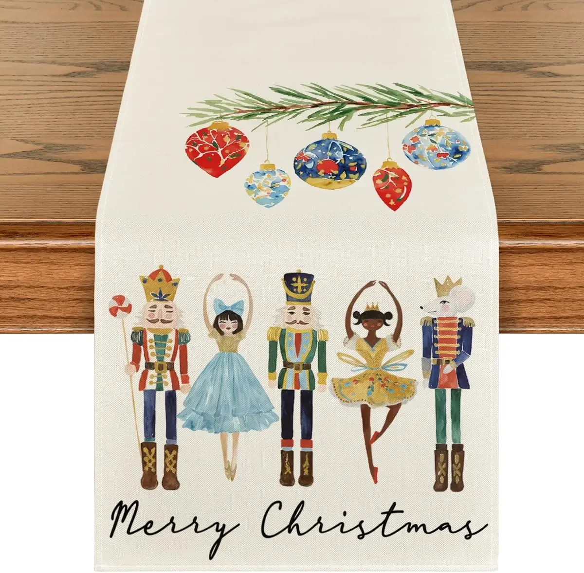 

Christmas Watercolor Nutcrackers Xmas Balls Linen Table Runners Dresser Scarf Decor Farmhouse Dining Table Runners Xmas Decor