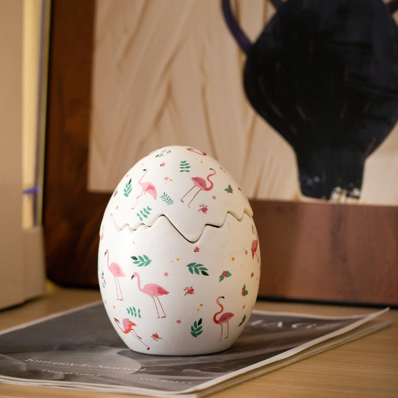 Tarro de almacenamiento de cerámica en forma de huevo con flamenco de Pascua, diseño creativo de cáscara de huevo, tapa desmontable, tarro de almacenamiento de escritorio de estilo lindo, decoración del hogar