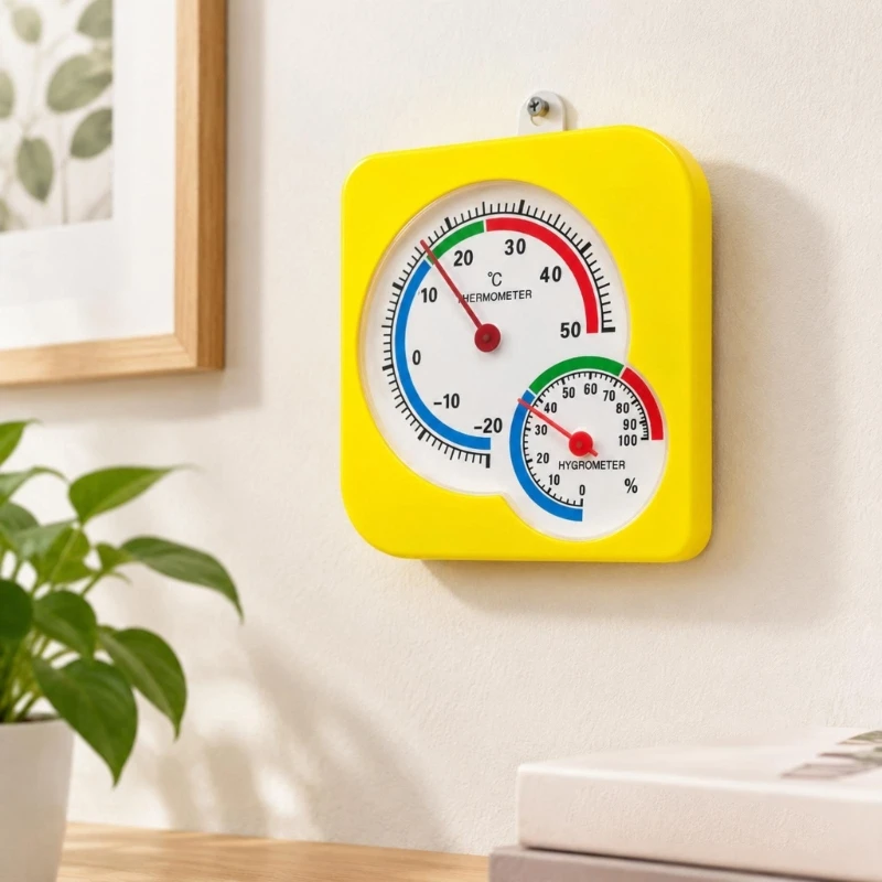 F26C Room Climate Monitor with Separate Needle Displays, Plastic Housing, and Wall Hanging or Flat-Base Placement Indoors