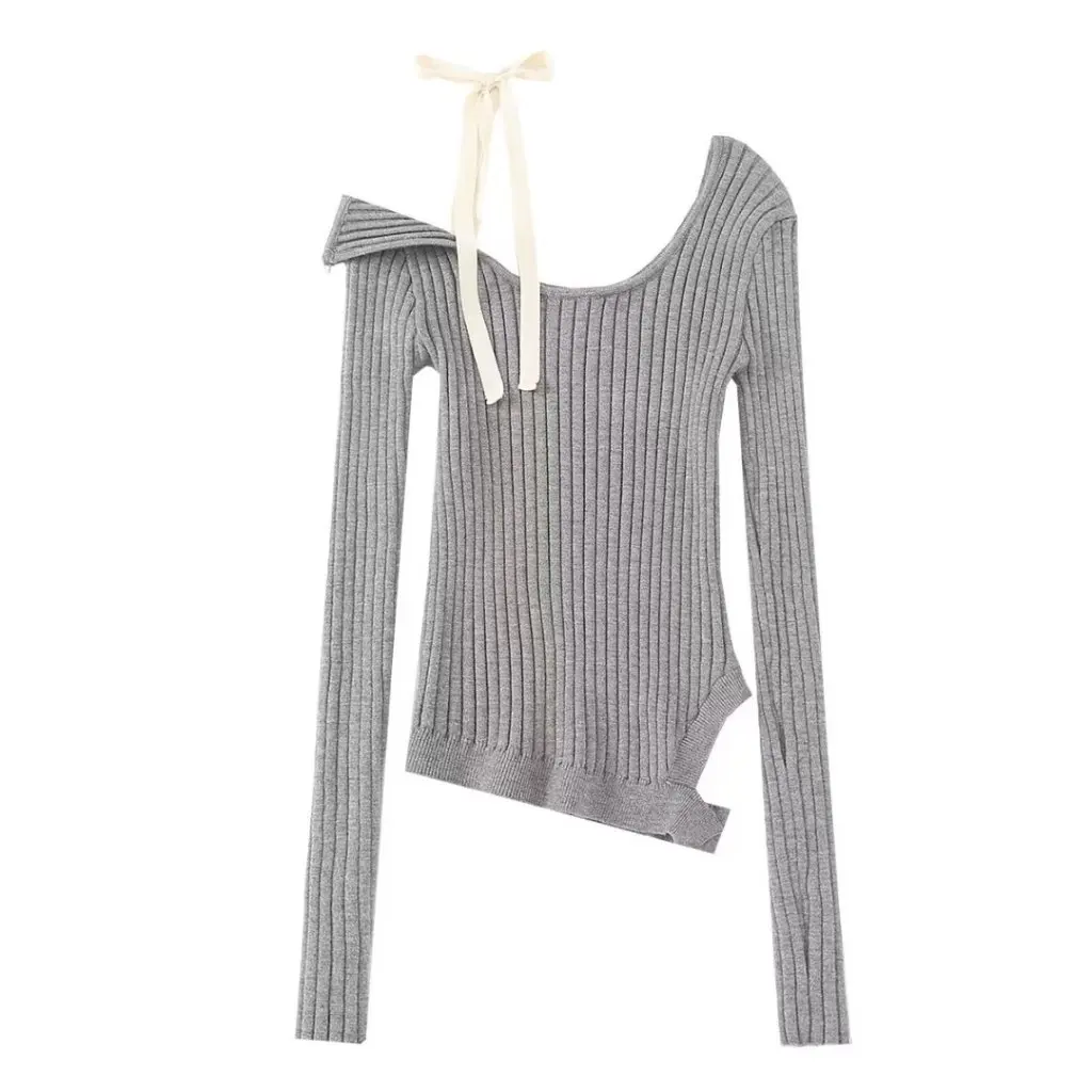 

Women's Slim Fit Off-Shoulder Lace-Up Sweater Asymmetric Design New Pure Hot Girl Bottoming Shirt Top