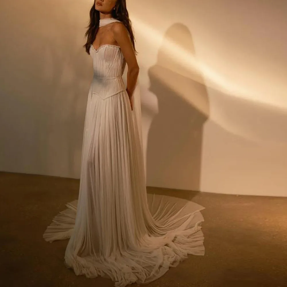 Customized Strapless Sleeveless Evening Dresses with Scarf Pleated Illusion A Line Formal Dress Corset A Line Vestidos De Novia