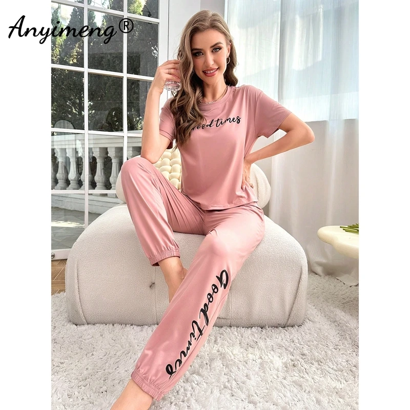 Letter Print Pajamas for Women's Short Sleeve Long Pants Homewear Sport Style Woman Pajama Fashion Milk Silk Loungewear