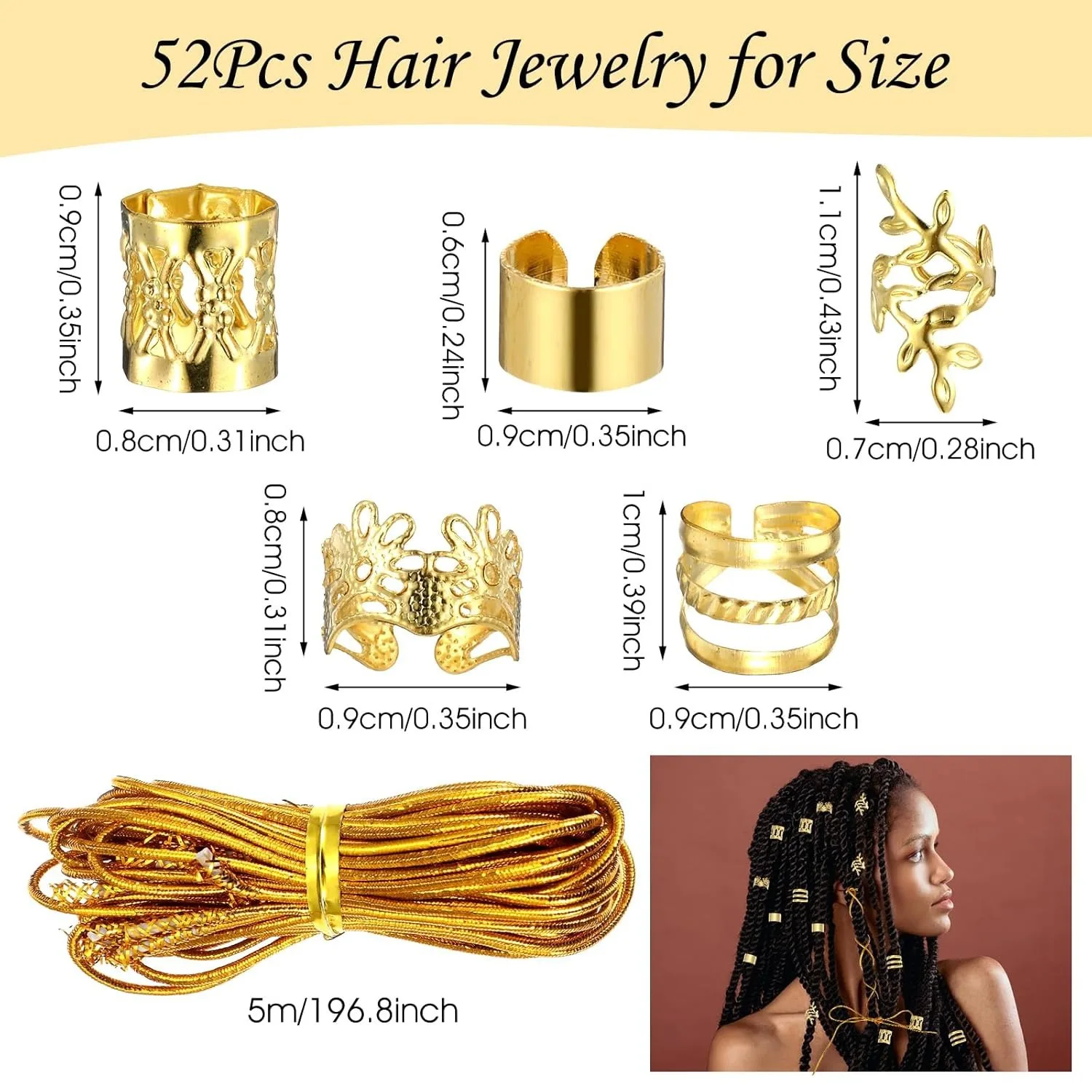 52 pezzi di accessori per capelli scavati in oro, set di anelli per capelli per estensioni di parrucche intrecciate - Combo di anelli treccia fai da te