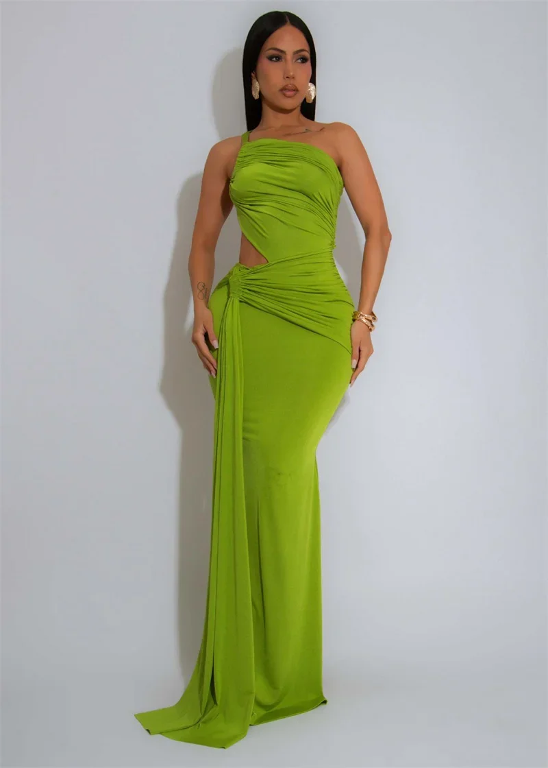 Elegant Ruched หนึ่งไหล่ Bodycon Maxi ชุดผู้หญิงวันเกิด Night Party ชุดราตรีคนดังอย่างเป็นทางการชุดยาวริบบิ้น