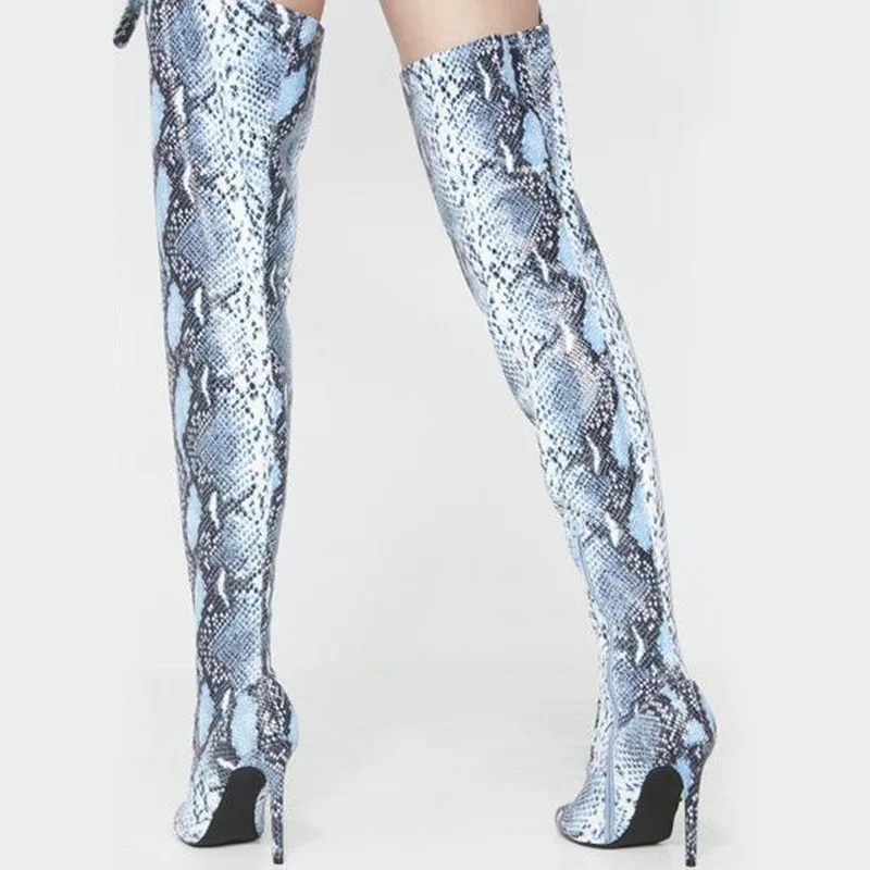

Женские модные сапоги с острым змеиным принтом на высоком каблуке, стриптизерши, сапоги выше колена, весенне-осенние сексуальные рыцарские сапоги, размер 34-48