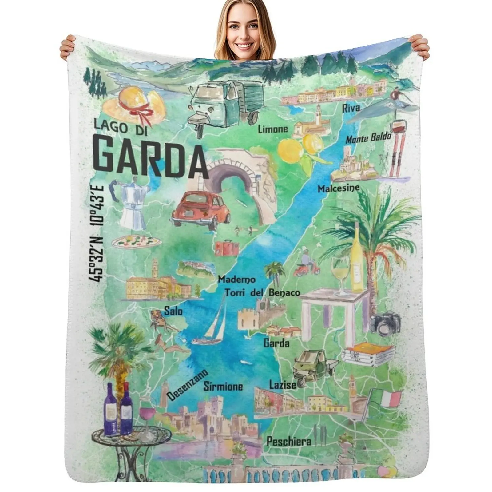 Lake Garda Italy Illustrated Map with Roads and Tourist Highlights Throw Blanket Summer Multi-Purpose Hairys Sofa Blankets