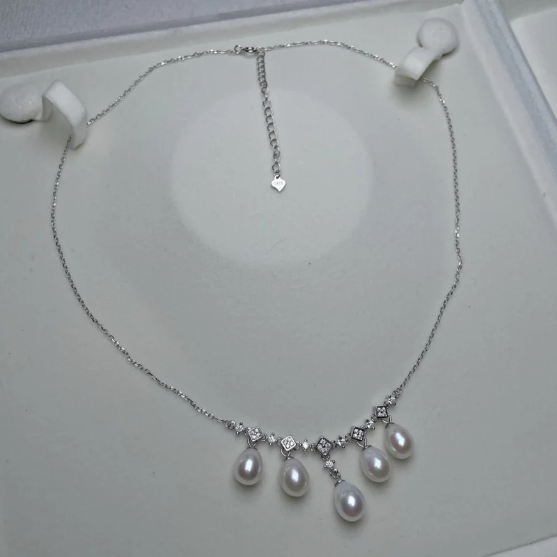 

Pearl Necklace Women S925 Sterling Silver Freshwater AK Tassel Y Layered Sweater Chain