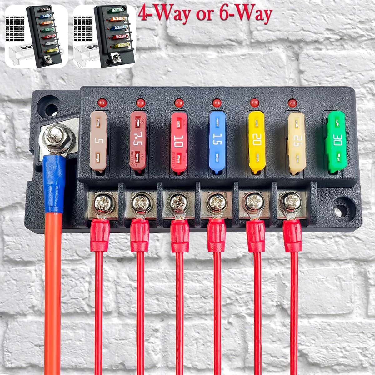 4/6 Way Car Boat Fuse Box Holder 12V Blade Fuse Box Holder Fuse Panel Fuse Holder Block with LED Indicator Waterproof Dust-Proof