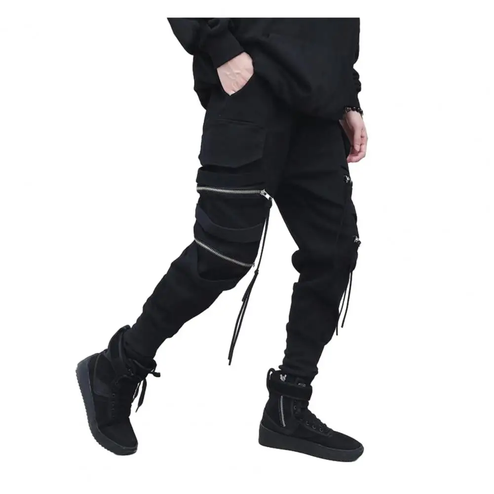 Men Trousers Hip Hop Streetwear Men's Cargo Pants with Zipper Decor Ankle Straps for Outdoor Travel Sports Solid Color Loose Fit