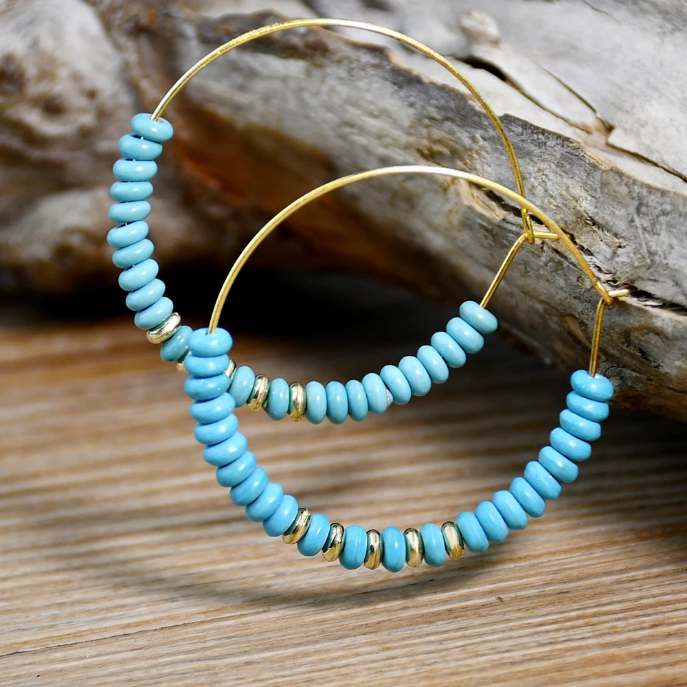 Vintage Turquoise Beaded Hoop Earrings Women Fashion 40mm Golden Ear Hoops Glass Imitation Pearl Jewelry