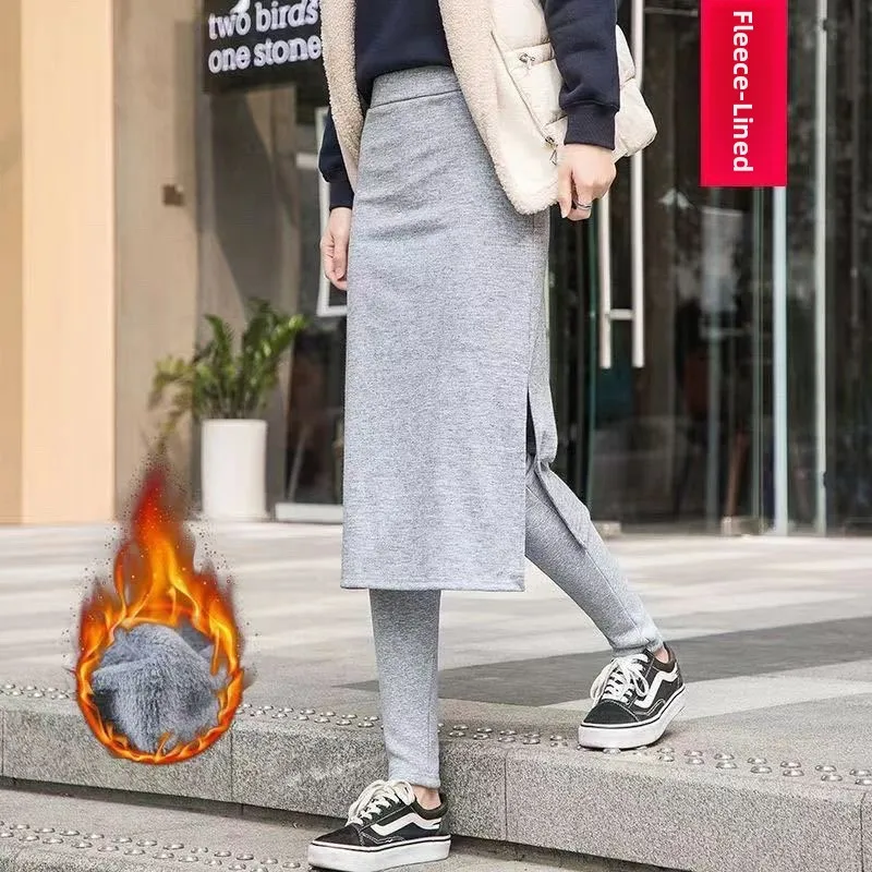 

Slimming High Waist Fce Lined Mid-Thigh Women's Leggings plus Size Comfortable Bla Skinny Pants Fake Two-Piece Skirt