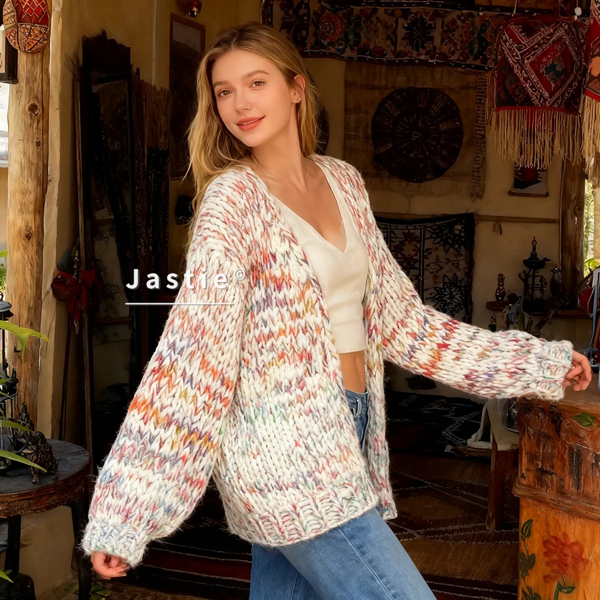 

2026 Winter Color Block Vintage Hand-Crochet Cardigan Sweater V-Neck Lantern Sleeves Loose Long Cardigan Sweater Women Coats