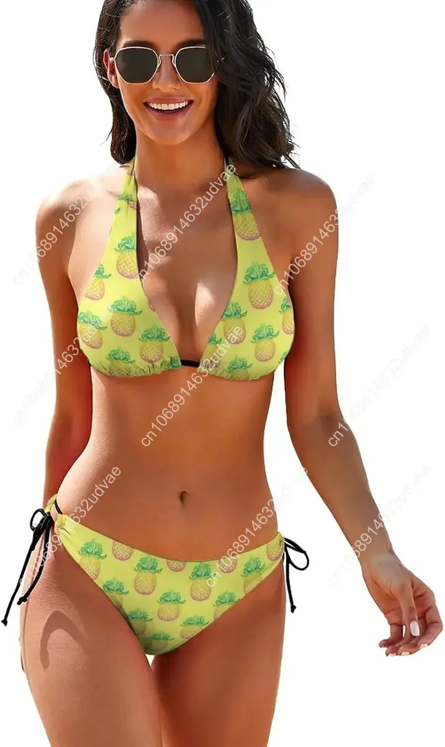 Women's Pineapple Print Swimsuit Tie Side Triangle Bikini Bathing Suits