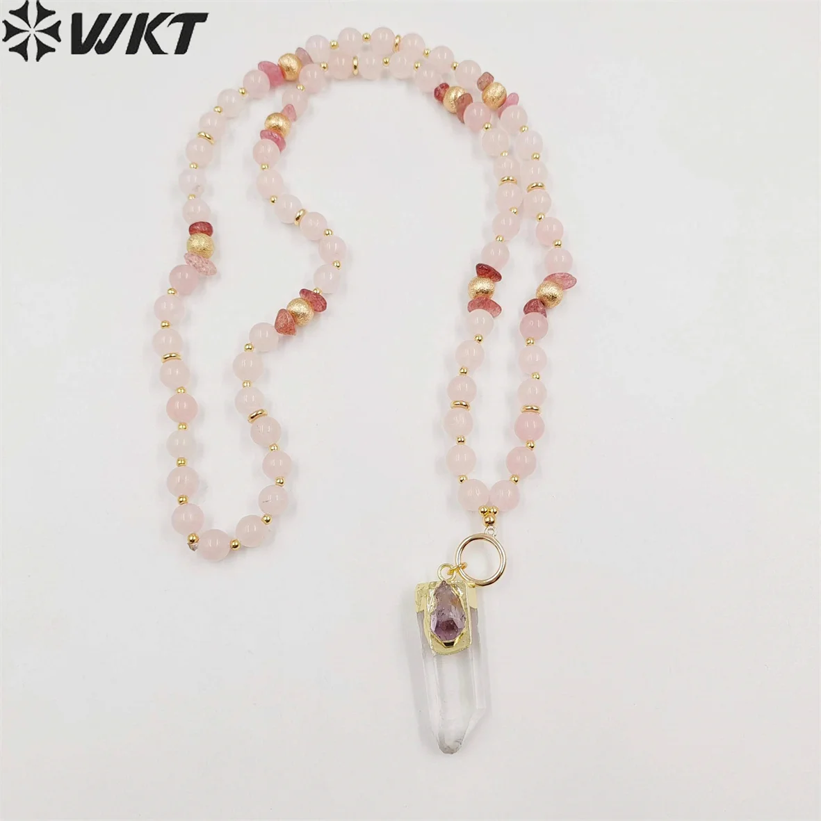 WT-N1411 WKT 2023 Exquisite rose quartz&crystal quartz necklace pendant women jewelry new sale 30inch gemstone pendant girl image 5