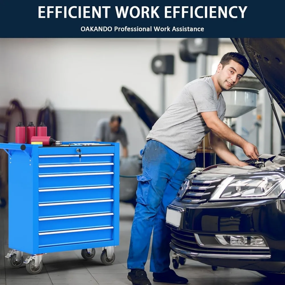 Lemari Perkakas Logam Beroda dengan 7 Laci, Kabinet Penyimpanan Terkunci di Atas Roda untuk Pengorganisasian Garasi dan Bengkel