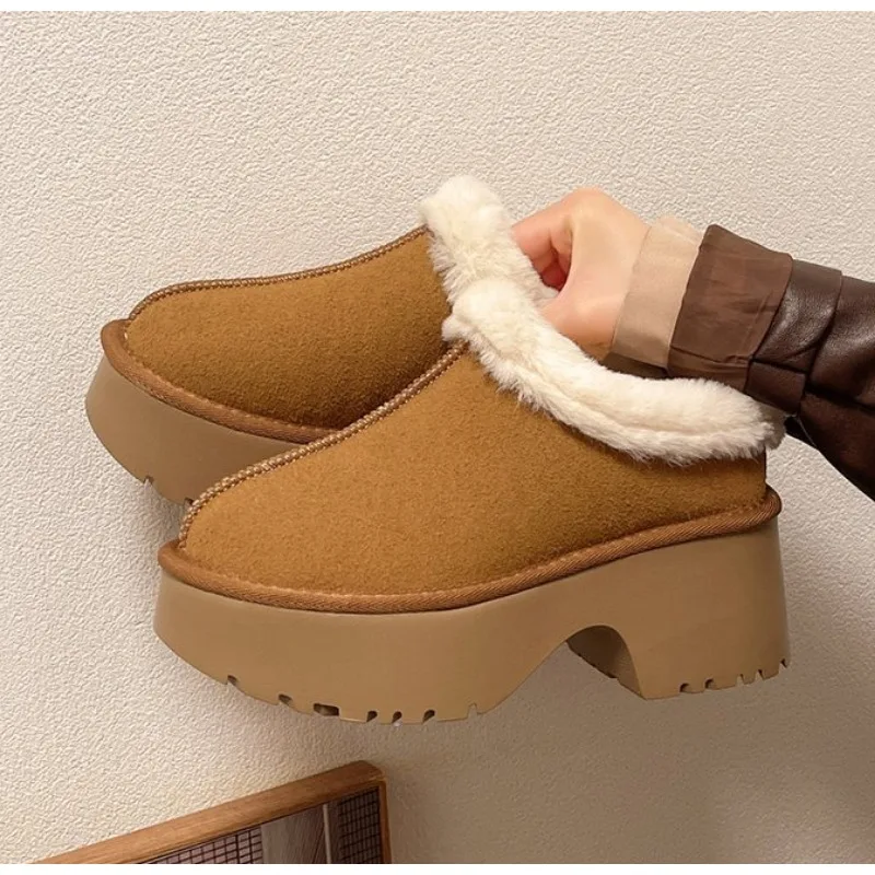 

New Winter Cotton Slippers Classic Suede Design Women Thick Sole Ankle Boots Comfortable Round Toe Plush Warm Home Slippers