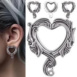 1PC Stainless Steel Heart-shaped Double Skull Ear Tunnels Plugs Ear Stretchers Gauges Expander Flared Body Piercing Jewelry