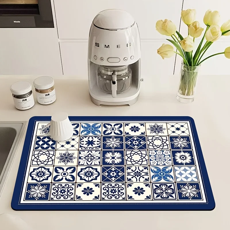 Black White Vintage Tile Fast Drying Mat Super Absorbent Tableware Countertop Pad Heat Resistant Kitchen Placemat Pad