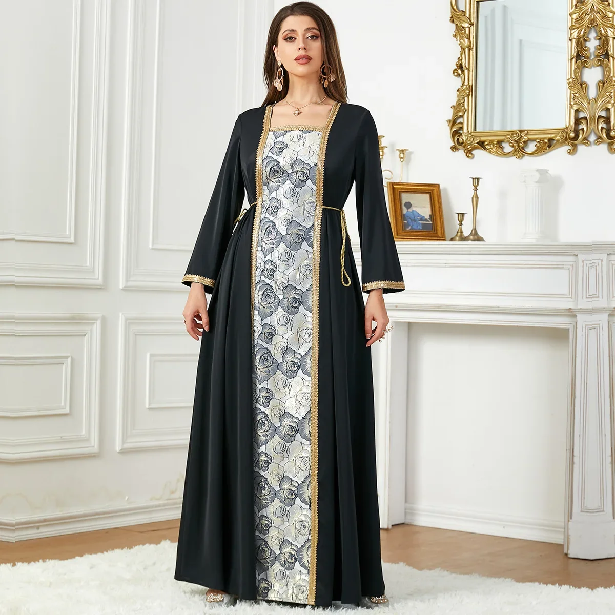 Muslim Floral Jacquard Abayas Modest Women Long Dress Dubai Moroccan Arab Kaftan Islam Clothing Saudi Musulmane Femme Vestidos