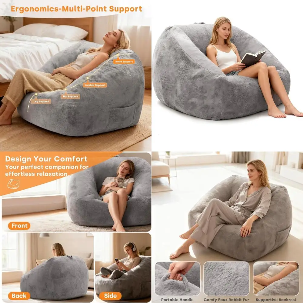 

Уютное кресло-мешок с боковым карманом, идеально подходит для взрослых и детей, идеально для гостиной, уголка для чтения или спальни, серый цвет
