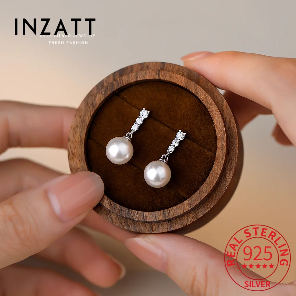 

INZATT Real 925 Sterling Silver Zircon Pearl Pendant Stud Earrings for Women Trendy Fine Jewelry Light Luxury Accessories