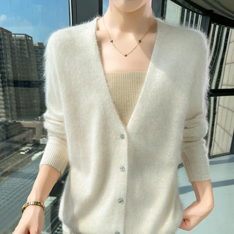 Women's V-Neck 100% Pure Mink Cashmere Cardigan Autumn New Solid Color Large size Coat Casual Loose Knitwear High Quality Shirt view 6
