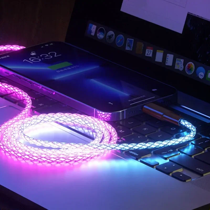 Fast Charging RGB Breathing Luminous Gradient Light Data Cable 66W TYPE-C Charger For iPhone Huawei Xiaomi Charger USB Cable
