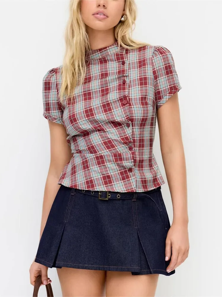 Summer Women Vintage Academia Casual Plaid Print Asymmetric Button Slim Fit Ruched Waist Tie Mock Neck Puff Short Sleeve T Shirt